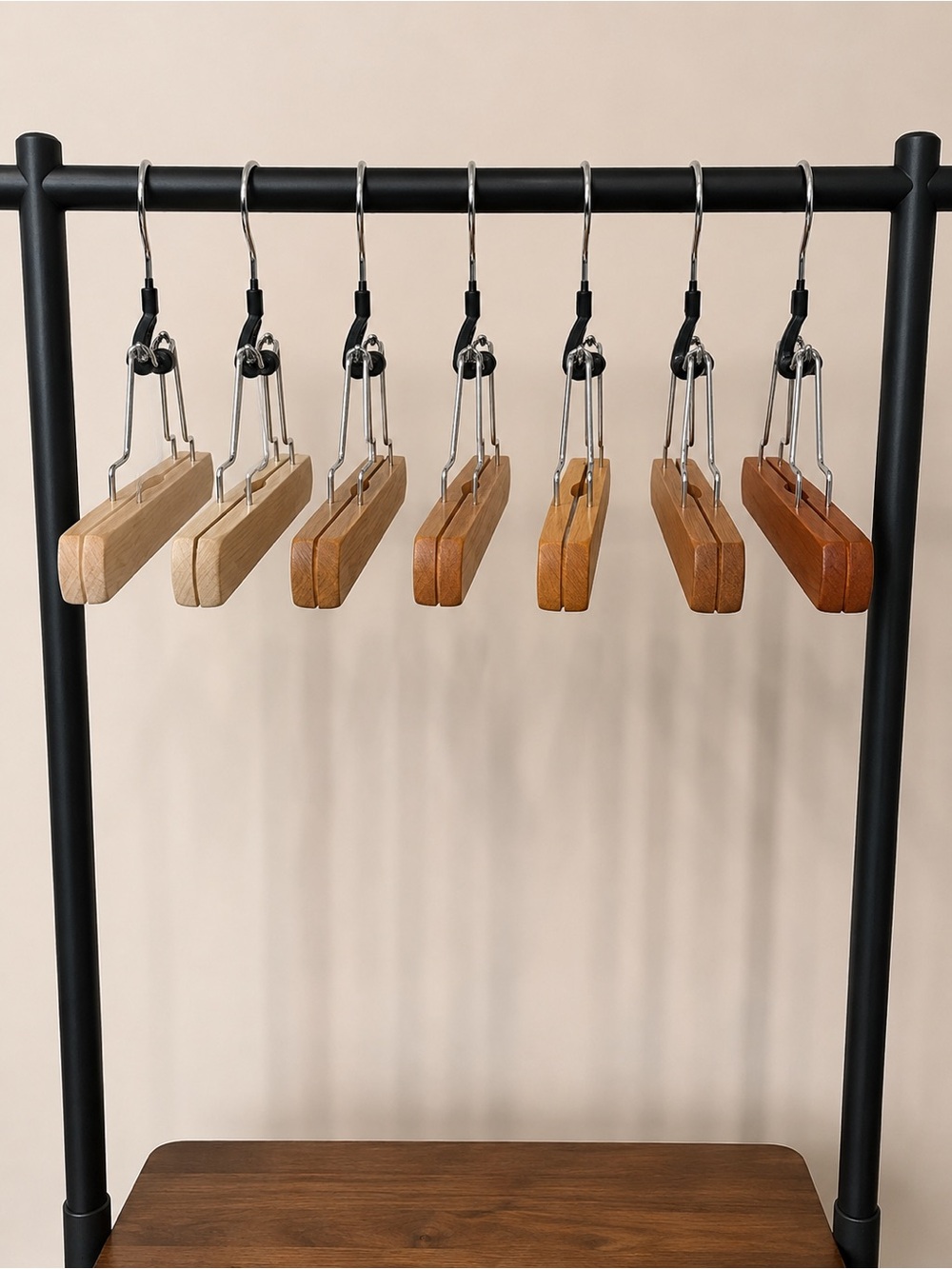 Set of 7 Wooden Clamp Hangers Assorted Wood Skirt Pants Closet Storage
